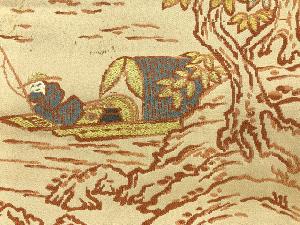 アンティーク　岩山・樹木・楼閣風景模様織出し名古屋帯